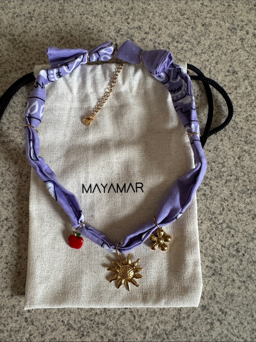 Mayamar Purple Charm Bandana Necklace with Gold Sun & Flower Charms